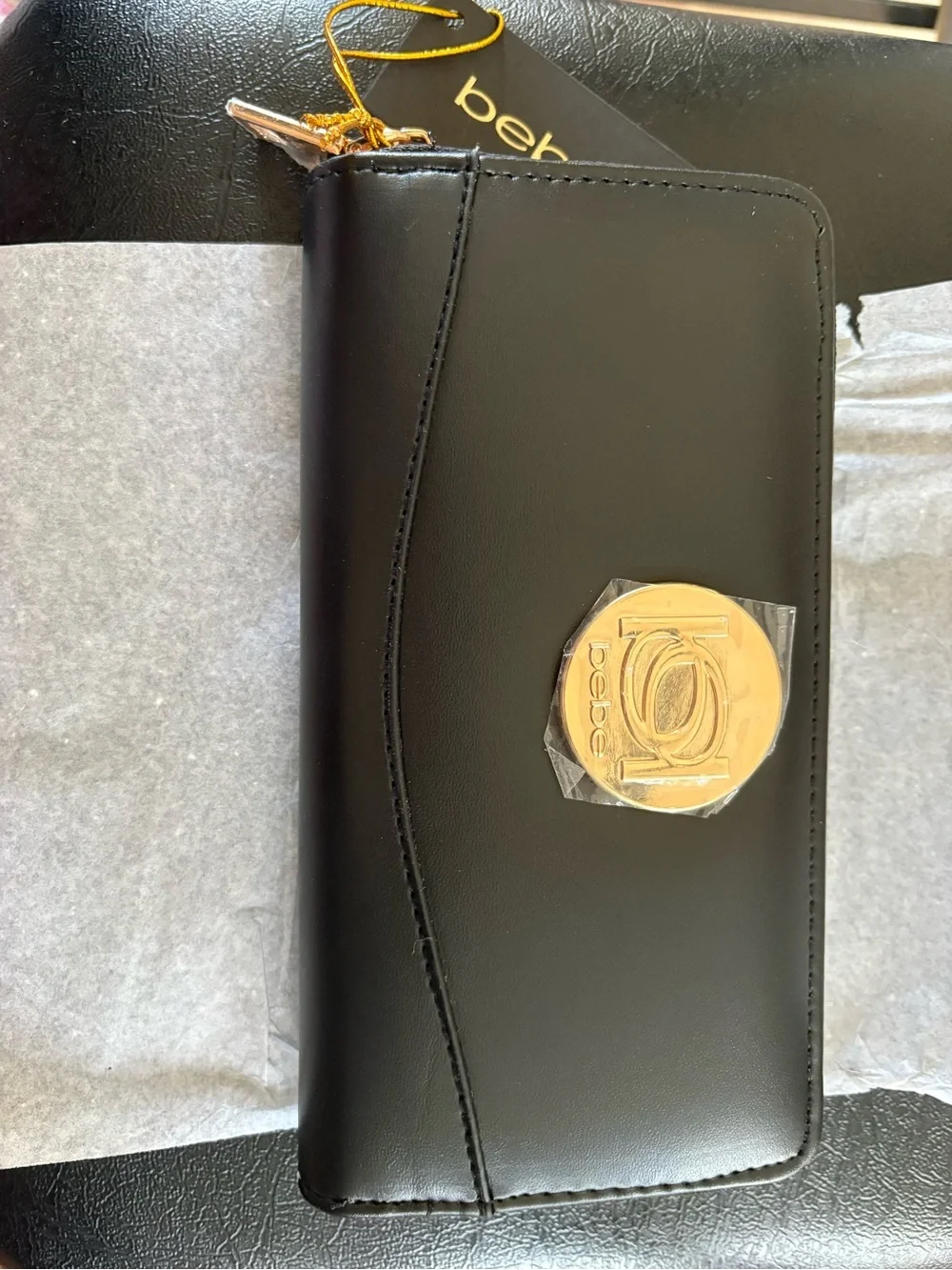 bebe Black Wallet with Gold Medallion